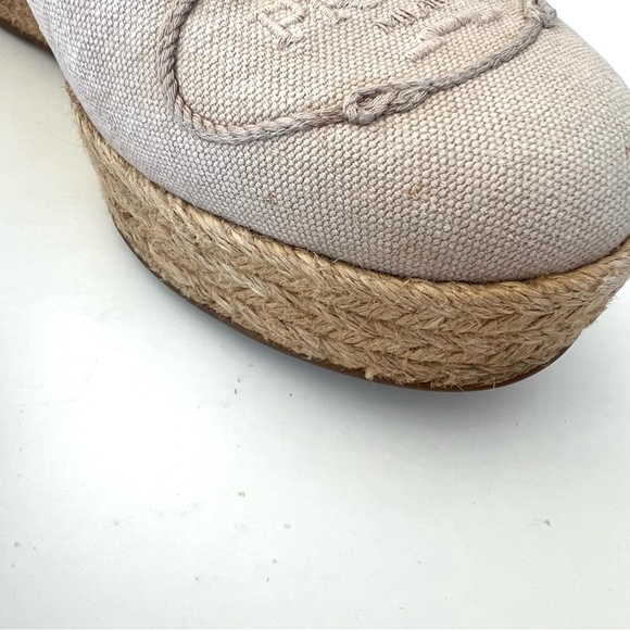 PRADA Beige Canvas Ankle Strap Lace Wrap Platform Wedges Sandal Espadrille Sz 38 - Picture 12 of 15